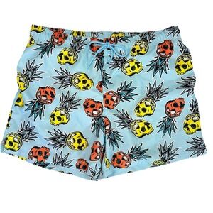 George Men's Swim Trunks XL 40-42 Blue Skull Pineapple Print Mesh Lined Shorts